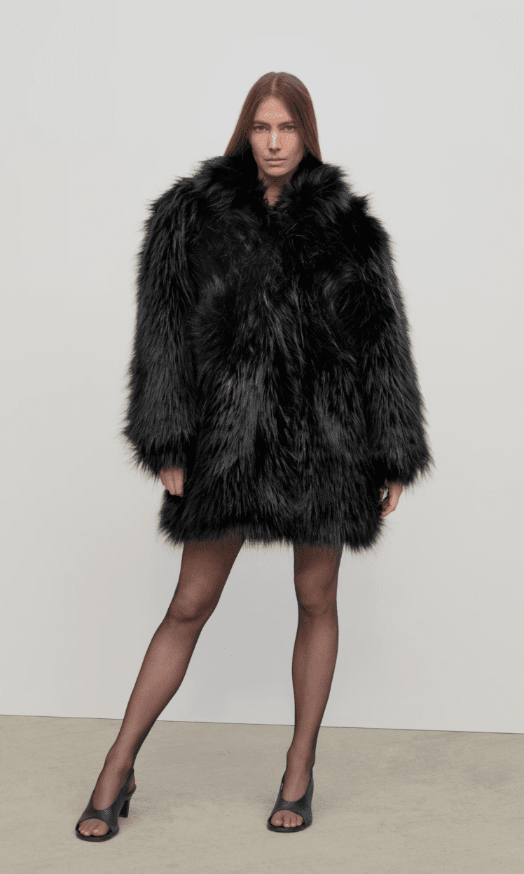 Model wearing Look 19 black faux fur coat