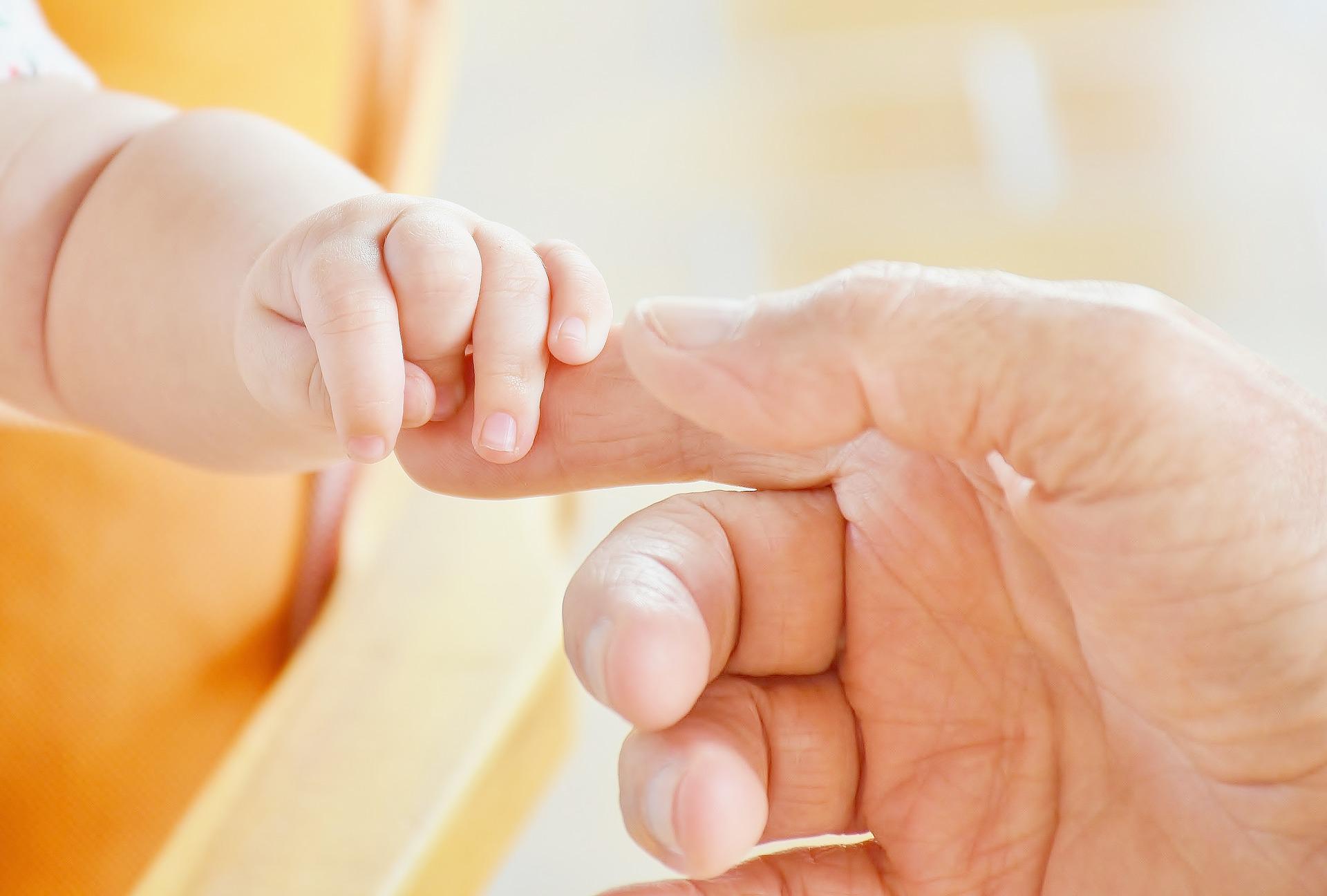 infant holding finger of parent