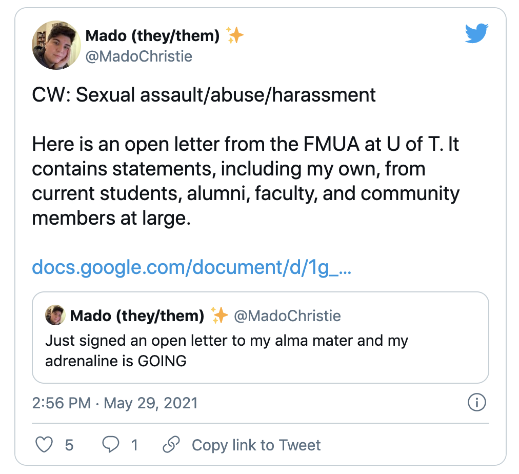 U of T Faculty of Music tweet regarding sexual assault/abuse/harassment