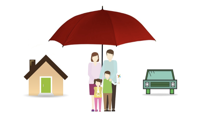 Cartoon people, a family standing under an umbrella