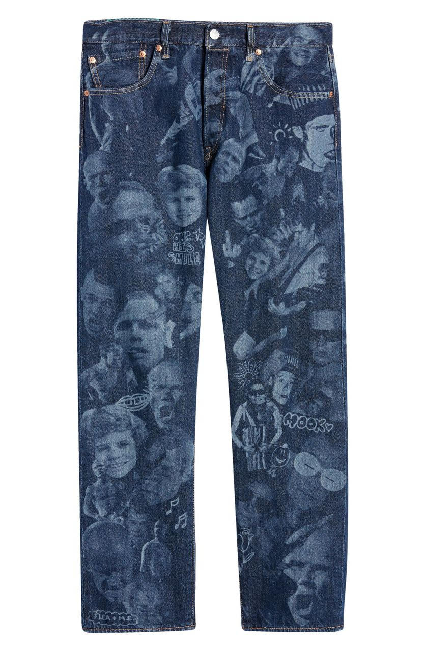 blue jeans with faces on it for the nordstorm x levi collection