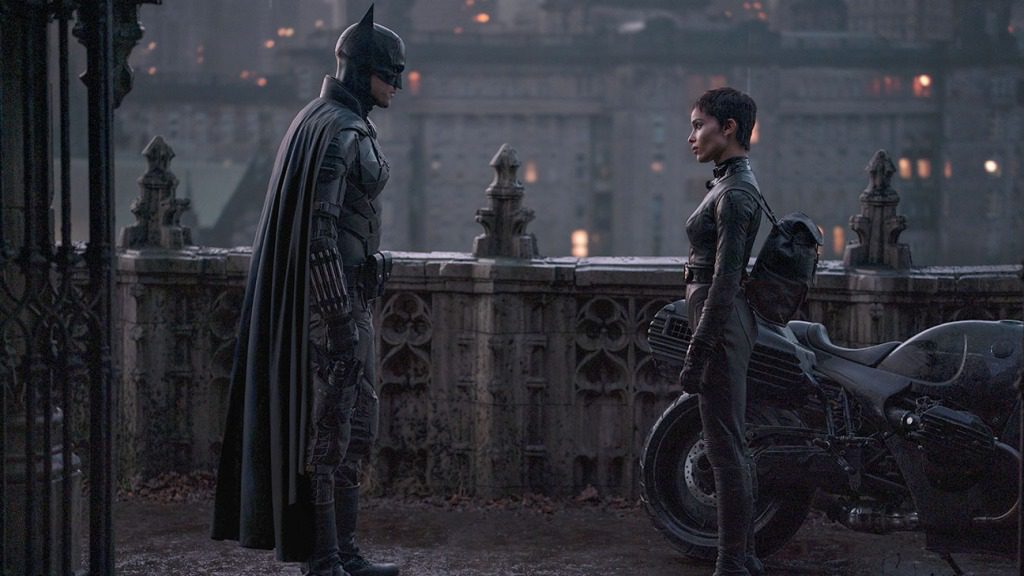 Robert Pattinson as Batman and Zoe Kravitz as Batwoman. 