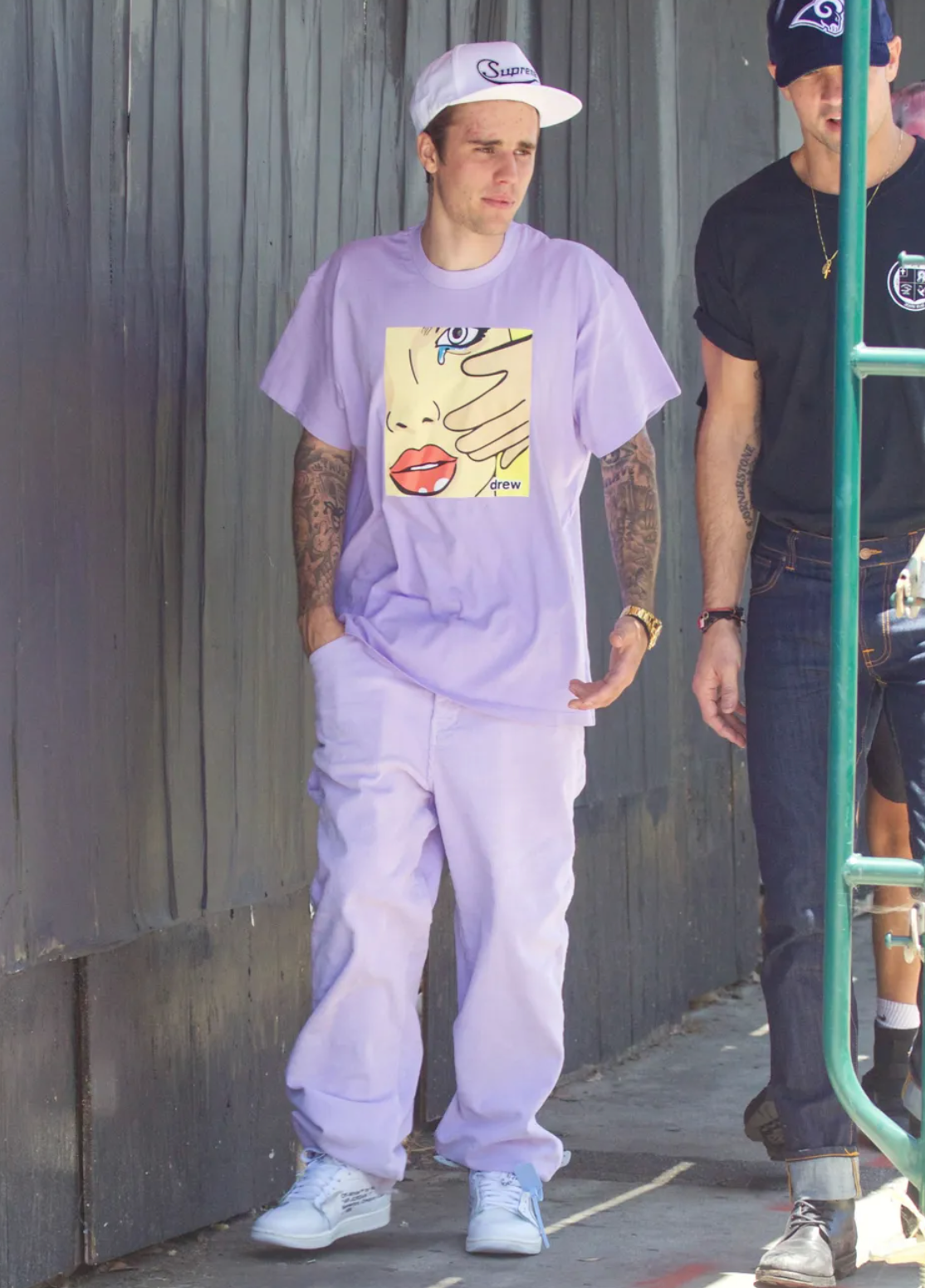 Bieber wears a purple monochromatic look