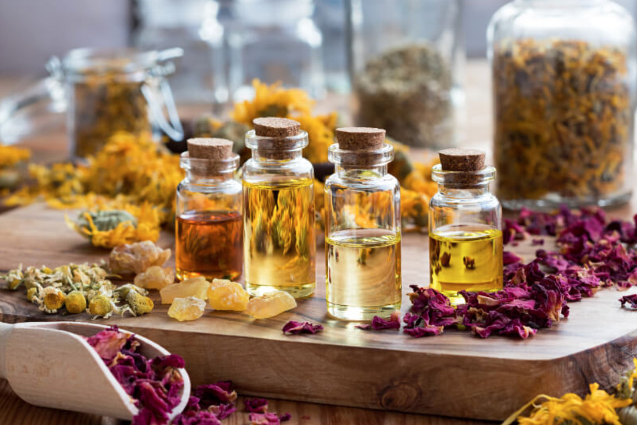 essential oils, crystal shaped soaps & flower petals