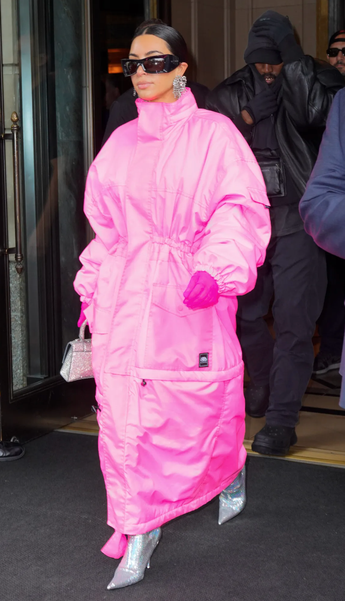 Kim Kardashian on October 09, 2021 wore a pink oversized Balenciaga jacket to SNL week.
