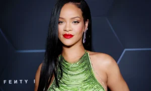 Rihanna in green dress and red lipstick
