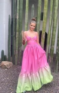 Ariana Madix in pink and green dress