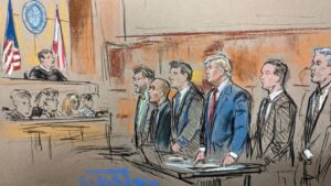 a sketch of the precession of the arraignment. Donald trump and his defense team on the right. They face the judge and court workers.