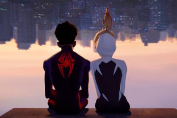 Miles Morales and Spider-Gwen(Stacy) sitting upside down, in their super suits, overlooking NYC