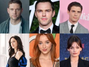 Photos of the actors up for superman and Lois stitched together in two rows. Top row from left to right is: Tom Brittney, Nicholas Hoult and David Corenswet. On the bottom row from left to right is: Rachel Brosnahan, Phoebe Dynevor and Emma Mackey