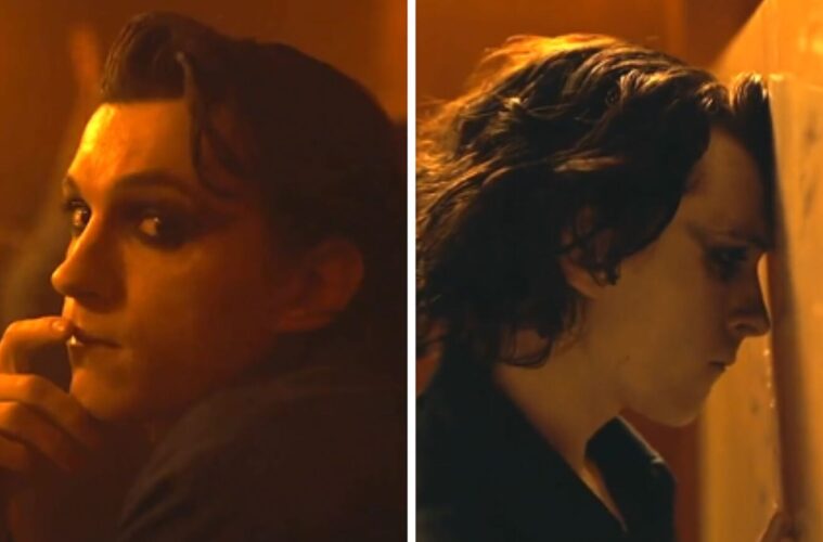 Two screen shots, vertically stitched together, of Tom Holland in 'The Crowded Room'. wearing all black with black winged eye makeup.