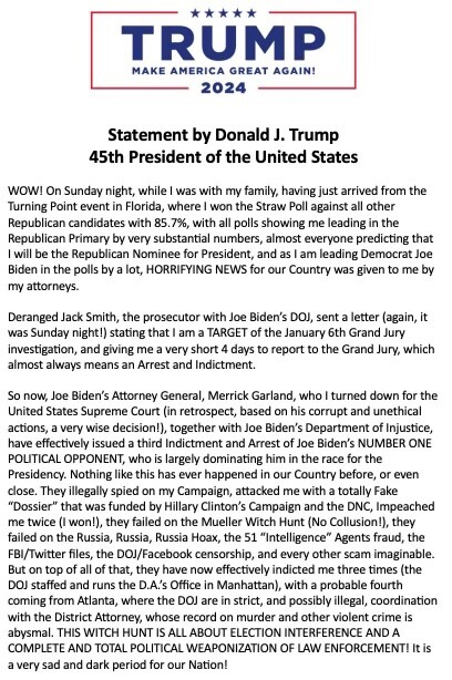 Donald Trump's official statement posted to his profile on 'Truth Social'.