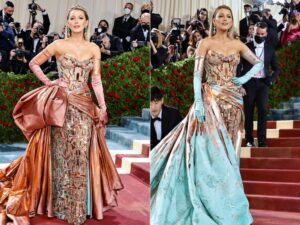 Two photos stitched together vertically of Blake Lively posing at the met gala 2022. On the left is Blake Lively in the copper version of her dress (before transformation) and on the right is Blake Lively in the mint-green version of her dress (after transformation)