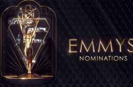 The logo for the Emmys Nominations announcement. An Emmy with a diamond '75' with 'Emmys Nominations' to the right in gold.