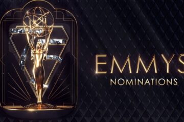 The logo for the Emmys Nominations announcement. An Emmy with a diamond '75' with 'Emmys Nominations' to the right in gold.