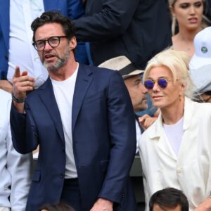 Hugh Jackman (left) and Deborah Lee (right) in the audience at Wimbledon.