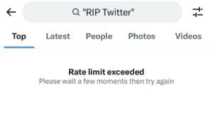 The screen Twitter users see when they reach their reading limit. it reads "Rate limit exceeded"