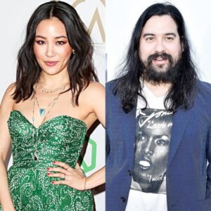 Two photos stitched together vertically. on the left is a photo of Constance Wu in a green dress and on the right is a photo of her Boyfriend Ryan Kattner in a white graphic t-shirt and a blue  blazer
