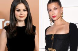 Two photos stitched together of Hailey Bieber and Selena Gomez. The photo of Selena Gomez is on the left and the one of Hailey Bieber is on the right.