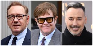 Three photos vertically stitched together of Kevin Spacey (left), Elton John (middle), and David Furnish (right)
