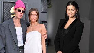 Two photos stitched together. The photo on the left is of Hailey and Justin Bieber and the photo on the right is of Selena Gomez