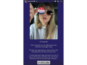 Taylor Swift's instagram stories post showing off her 'I voted' sticker and urging her fans vote too.