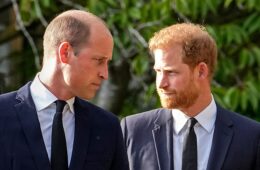 Prince Harry and Prince William looking at each other sternly. Both are in suits and ties with white shirts underneath.