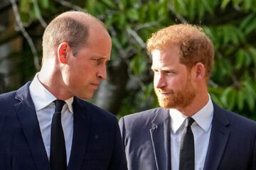 Prince Harry and Prince William looking at each other sternly. Both are in suits and ties with white shirts underneath.