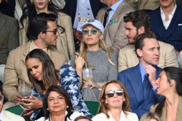 In the audience at Wimbledon men's finals 2023 top row left to right: Johnathan Bailey, Ariana Grande and Andrew Garfield. Below them from left to right: Zawe Ashton and Tom Hiddleston.
