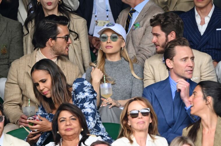 In the audience at Wimbledon men's finals 2023 top row left to right: Johnathan Bailey, Ariana Grande and Andrew Garfield. Below them from left to right: Zawe Ashton and Tom Hiddleston.