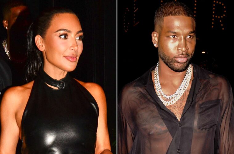Two photos vertically stitched together of Kim Kardashian (left) and Tristan Thompson (right) both leaving Bad Bunny's restaurant in Miami