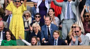 Cheering in the audience at Wimbledon 2023 from left to right: Princess Kate Middleton, Princess Charlotte, Prince George, and Prince William