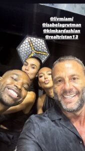 Tristan Thompson, Kim Kardashian, David Grutman and Isabela Grutman taking a selfie together on Instagram Stories.