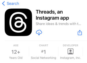 View on app store of instagram threads page. the app logo and title at the top and details below.