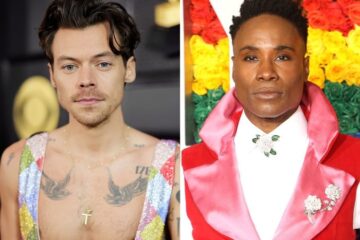 Two photos vertically stitched together of Harry Styles (left) and Billy Porter (right).