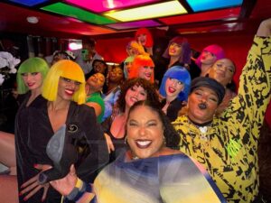 All of Lizzo's backup dancers, including the three who are suing her, smiling for a selfie at the Paris nude party referenced in their allegations