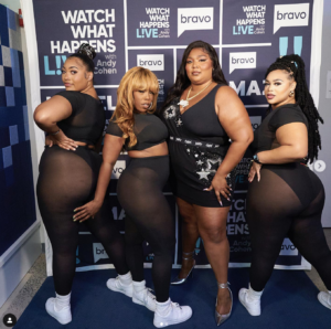 Lizzo and three of her backup dancers 'the big grrls' posing backstage at Bravo's 'Watch what happens live'
