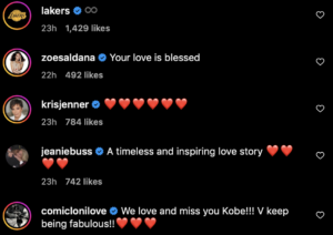 Celebrity comments on Vanessa Bryant's post for Kobe Bryant's Birthday