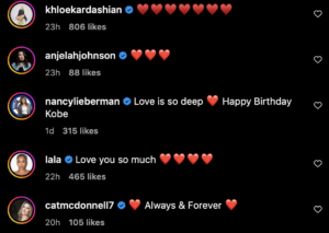 Celebrity comments on Vanessa Bryant's post for Kobe Bryant's Birthday