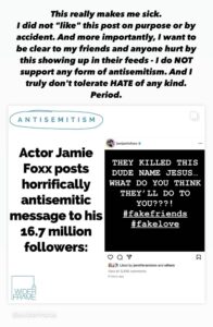 A screenshot of Jennifer Aniston's instagram story post where she addresses Jamie Foxx's supposed antisemitic post.