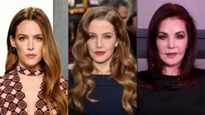 Three photos stitched together vertically. From left to right: RILEY KEOUGH, LISA MARIE PRESLEY, PRISCILLA PRESLEY