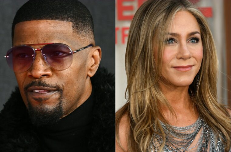 Two close up photos stitched together vertically of Jamie Foxx (left) and Jennifer Aniston (right)