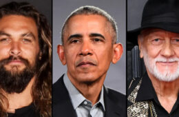Three photos stitched together vertically. From left to right are photos of Jason Momoa (left), Barack Obama (middle) and Mick Fleetwood (right).