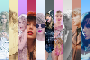 Photos stitched together vertically of Taylor Swift in all her different eras. From left to right: 'Taylor Swift', 'Fearless', 'Speak Now', 'Red', '1989', 'Reputation', 'Lover', 'Folklore', 'Evermore' and 'Midnights'