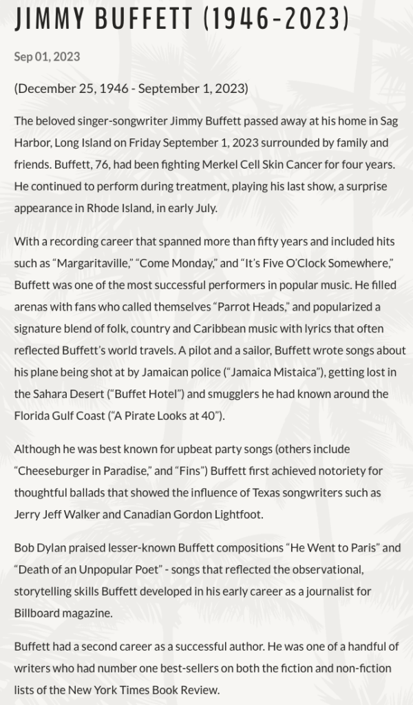 The first half of Jimmy Buffett's obituary posted to his website.