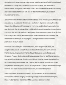 The second half of Jimmy Buffett's obituary posted to his website.