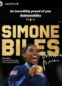 Zac Efron Congratulates Long-Time Friend Simone Biles