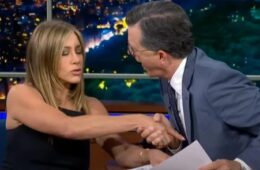 Stephen Colbert Jokingly Tries to Kiss Jennifer Aniston After She Has Him Audition for The Morning Show