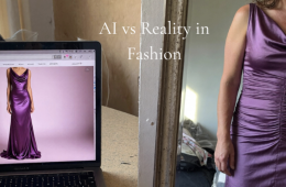 Comparison image highlighting the difference between AI-generated fashion visuals and real-life clothing fit, emphasizing the gap between perfection and reality