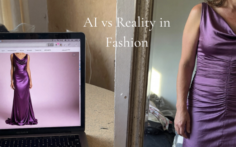 Comparison image highlighting the difference between AI-generated fashion visuals and real-life clothing fit, emphasizing the gap between perfection and reality